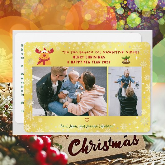 パウおもしろいィティブRudolphミニマリスト2枚の写真ゴールデン シーズンカード