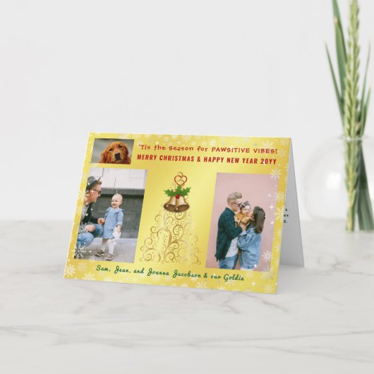 パウおもしろいシドッグキャット3枚の写真ゴールデンエレガント カード (正面)