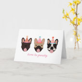 パウィティフランスのブルドッグパーティー帽子ピンク カード (黄色い花)