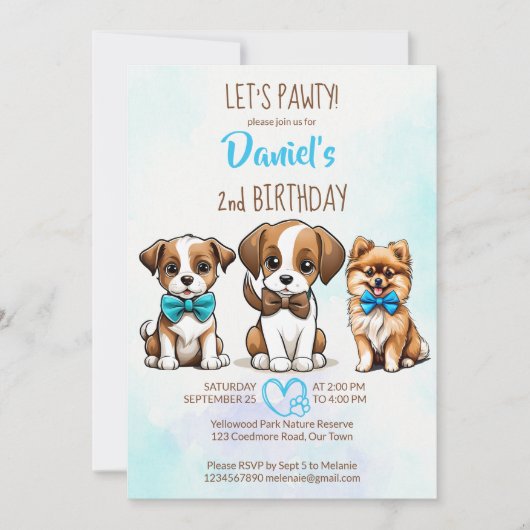 パウィー茶色の青い可愛い子犬の誕生日しよう 招待状 (正面)