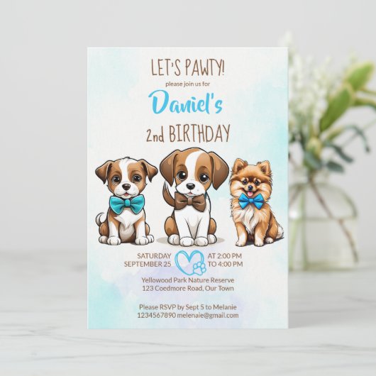 パウィー茶色の青い可愛い子犬の誕生日しよう 招待状 (スタンド正面)