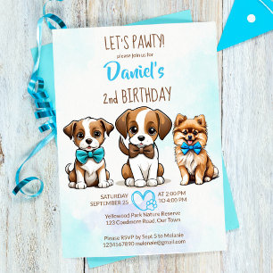 パウィー茶色の青い可愛い子犬の誕生日しよう 招待状