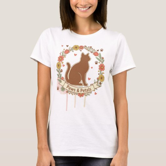 パウズ&ペタルズ 猫のフラワーデザイン Tシャツ (正面)