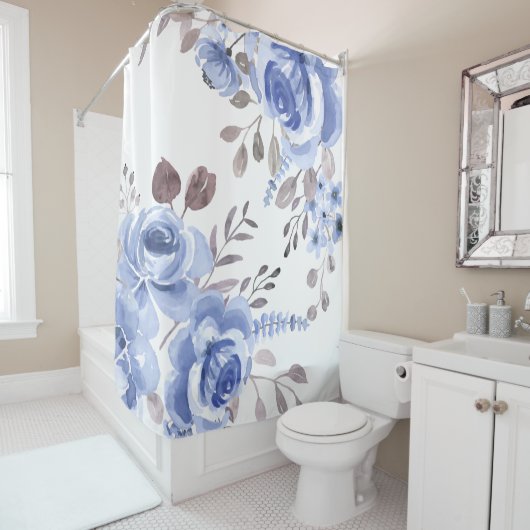 パウダエレガントー青フローラ水彩 シャワーカーテン (インサイチュ)
