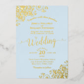 パウダエレガントー・ブルーの金のホイル結婚レース 箔招待状 (正面)