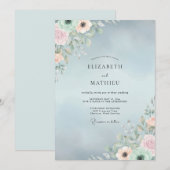 パウダーソフトブルーの芍薬の結婚式 招待状 (正面/裏面)