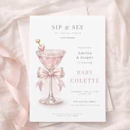 パウダーピンクのマティーニ シックな女の赤ちゃんのSip and See  招待状
