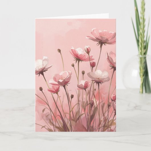パウダーピンクの背景と狼のケシの花 カード (正面)
