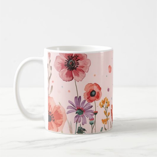 パウダーピンクの背景にポピーと野の花 コーヒーマグカップ (左)
