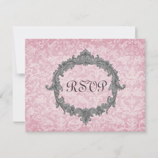 パウダーピンク2ダマスクヴィンテージRSVP結婚の応答 出欠カード (正面)