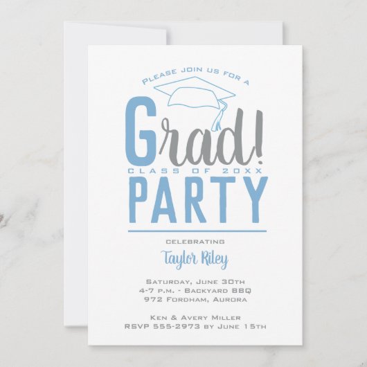 パウダーブルーとグレーの卒業パーティー 招待状 (正面)