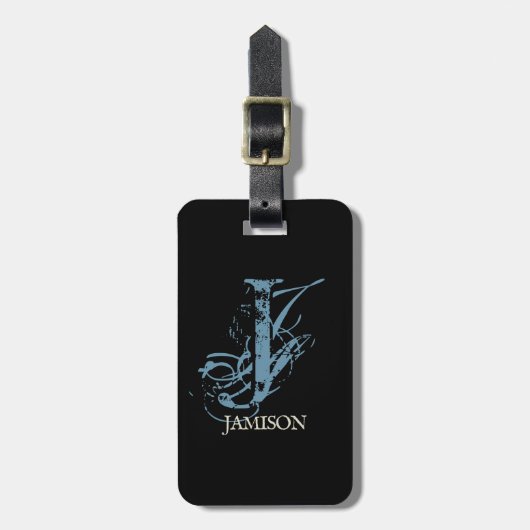 パウダーブルーとブラックシックアートモノグラム名 ラゲッジタグ (正面縦)