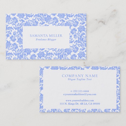 パウダーブルーとホワイトのフローラダマスパターン 名刺 (正面/裏面)