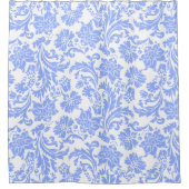 パウダーブルーとホワイトフローラダマスク シャワーカーテン (正面)