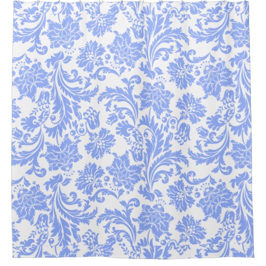 パウダーブルーとホワイトフローラダマスク シャワーカーテン (正面)