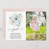 パウダーブルーと赤面ピンクのフローラ卒業写真 案内状 (正面/裏面)