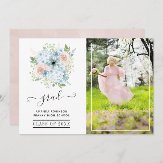 パウダーブルーと赤面ピンクのフローラ卒業写真 案内状 (正面/裏面)