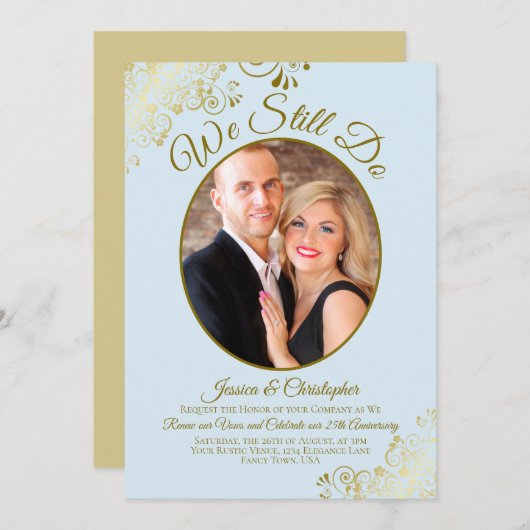 パウダーブルーと金ゴールドの誓い結婚を更新する 招待状 (正面/裏面)