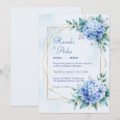 パウダーブルーのアジサイとゴールドの結婚式 招待状 (正面/裏面)