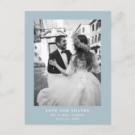 パウダーブルーの文字と写真 |さん結婚ありがとう ポストカード (正面)