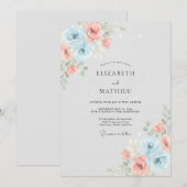 パウダーブルーの珊瑚色のバラの結婚式 招待状 (正面/裏面)