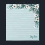 パウダーブルーの緑と白い花が並ぶ ノートパッド<br><div class="desc">小パーソナライズされたさなベビーの息と白い花でティール（緑がかった色）の明るい色合いの朝の緑と緑のパウダーブルーで並んだメモ帳。手書きのスクリプトの右下隅に名前を書追加する。または、メモ帳を受け取る人の名前を追加もしし、あなたはメモを愛する人書に贈る。緑と花は白い花パーソナライズされたとティール（緑がかった色）の色合いで、あなたの名前でメモ帳に並んだ。右上角から並んだ紙に緑の枝を掛け、白い花で飾る。</div>