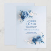 パウダーブルーの花の縁取りの結婚式 招待状 (正面/裏面)