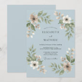 パウダーブルーの葉の結婚式 招待状 (正面/裏面)