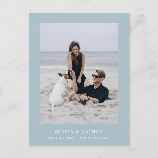 パウダーブルーエレガント文字と写真 |日付の保存 案内ポストカード (正面)