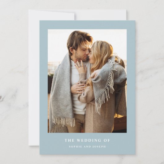 パウダーブルーエレガント文字と写真 | 結婚s 招待状 (正面)