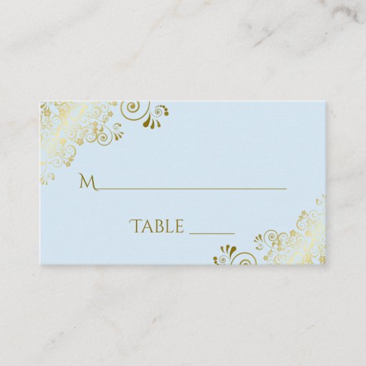 パウダーブルーエレガント金ゴールドレース結婚のエスコートカード プレイスカード (正面)