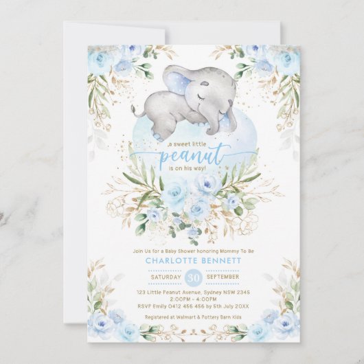 パウダーブルーエレファントボーイベビーシャワー招待状 招待状 (正面)