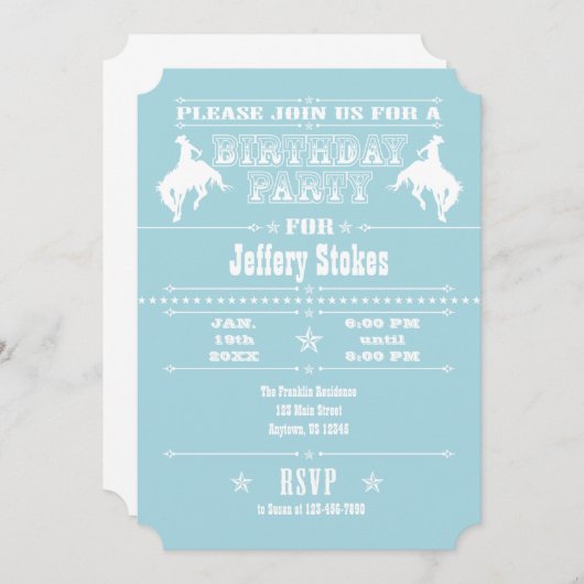 パウダーブルーカウボーイロデオ誕生日パーティーの招待状 招待状 (正面/裏面)