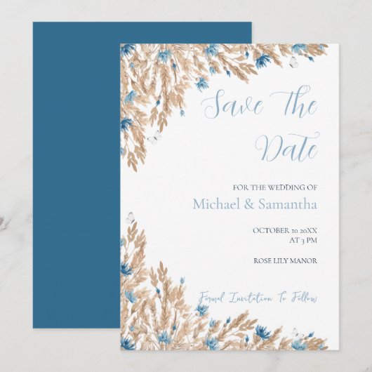 パウダーブルーカントリー結婚フィールド セーブザデート (正面/裏面)