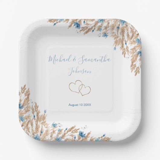 パウダーブルーカントリー結婚フィールド ペーパープレート (正面)