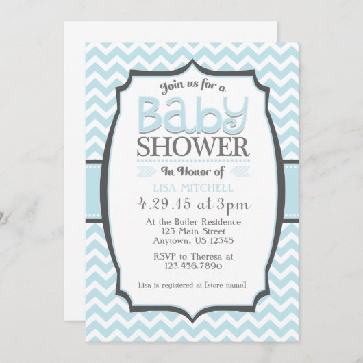 パウダーブルーグレーシェブロンベビーシャワー招待状 招待状 (正面/裏面)