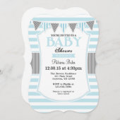 パウダーブルーグレーストライプ招待状ベビーシャワー 招待状 (正面/裏面)