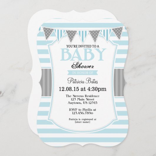 パウダーブルーグレーストライプ招待状ベビーシャワー 招待状 (正面/裏面)