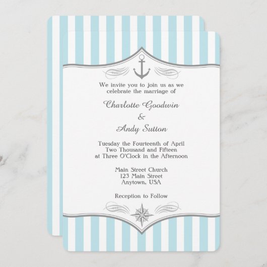パウダーブルーグレー航海の結婚式招待状 招待状 (正面/裏面)