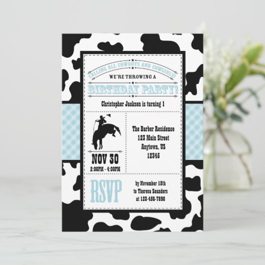 パウダーブルーコウィドカウボーイ誕生日招待状 招待状 (スタンド正面)