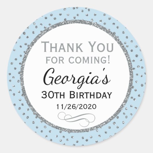 パウダーブルーシルバー誕生日ありがとうメッセージカード ラウンドシール (正面)