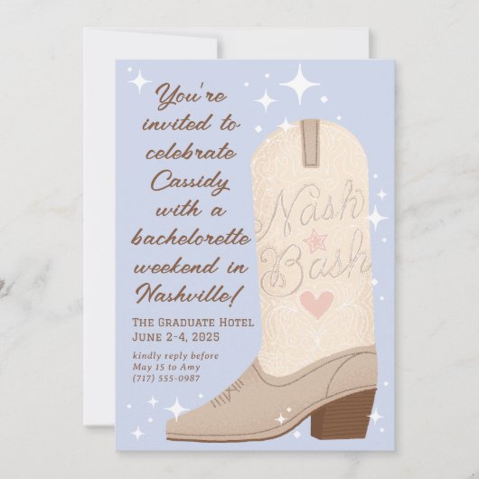 パウダーブルーナッシュバッシュ女性のカーボーイブートバチェロレッテ 招待状 (正面)