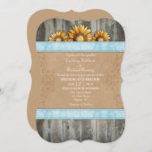 パウダーブルーブラウンひまわり素朴の結婚式の招待 招待状 (正面/裏面)