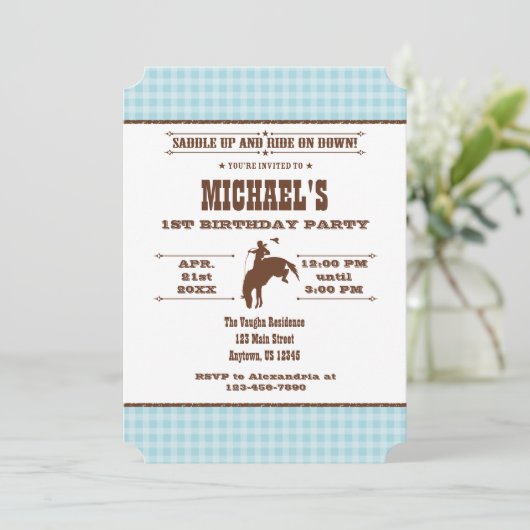 パウダーブループレイドカウボーイロデオ誕生日招待状 招待状 (スタンド正面)