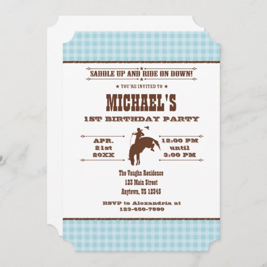 パウダーブループレイドカウボーイロデオ誕生日招待状 招待状 (正面/裏面)