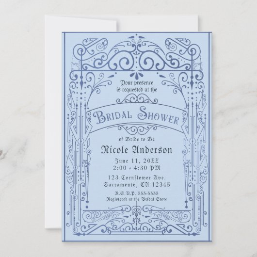パウダーブルーホワイトヴィンテージビクトリアンブライダルシャワー 招待状 (正面)