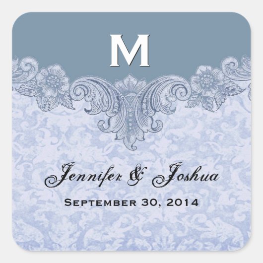 パウダーブルーヴィンテージ結婚式名日付 スクエアシール (正面)