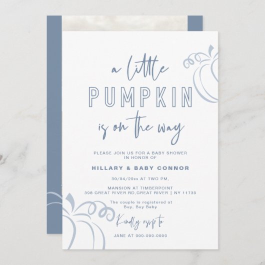 パウダーブルー小さなカボチャ赤ちゃんシャワー 招待状 (正面/裏面)
