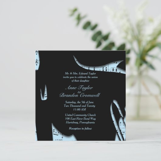 パウダーブルー抽象芸術音楽結婚式招待状 招待状 (スタンド正面)