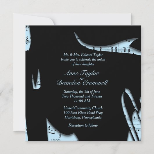 パウダーブルー抽象芸術音楽結婚式招待状 招待状 (正面)